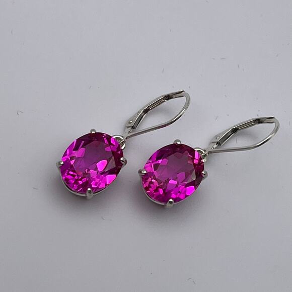 BEAUTIFUL 10ctw Oval Cut Bright Pink Sapphire Earrings in Sterling Silver - Picture 6 of 7